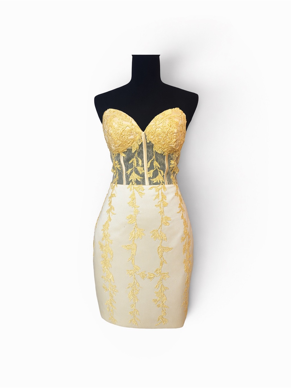 Yellow Lace Corset Mini Dress / Floral Embroidery Bodycon Dress - Picture 5 of 11
